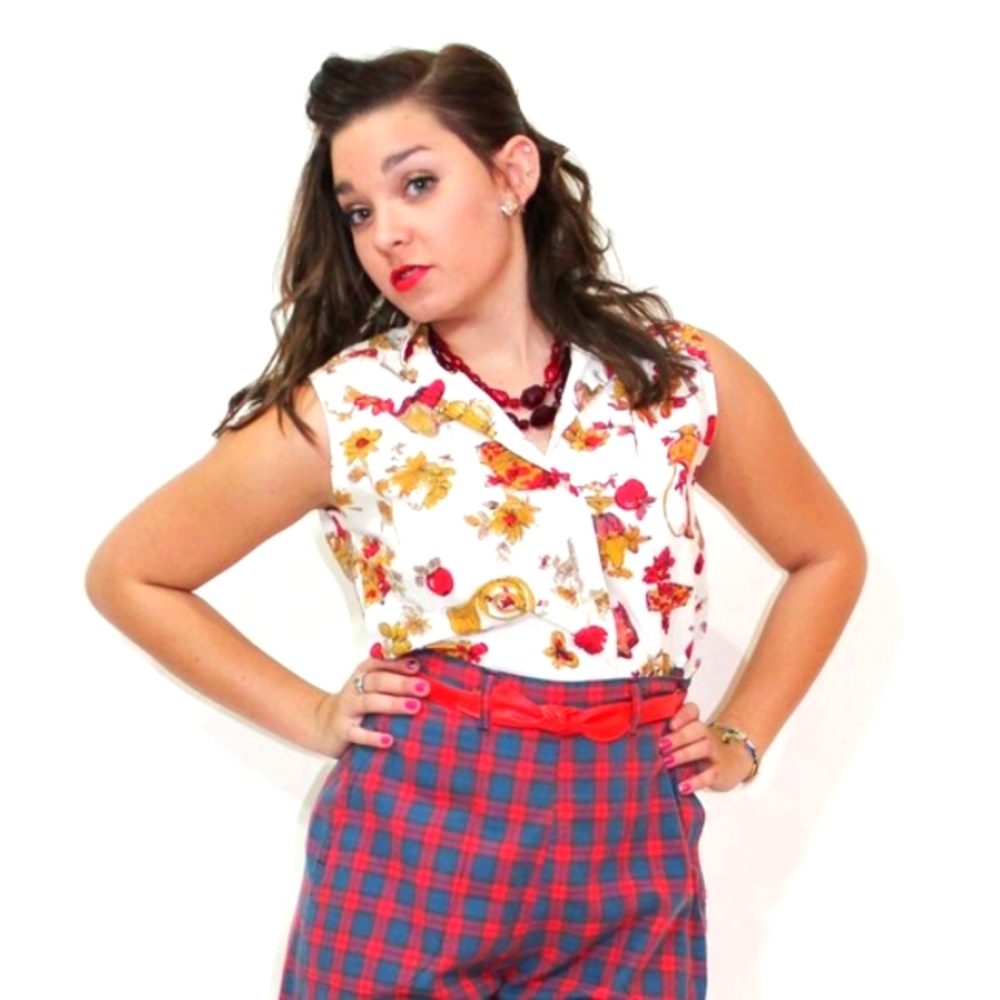 1950's Vintage Novelty Apples Horns Sleeveless Pin Up Top Shirt Blouse M L